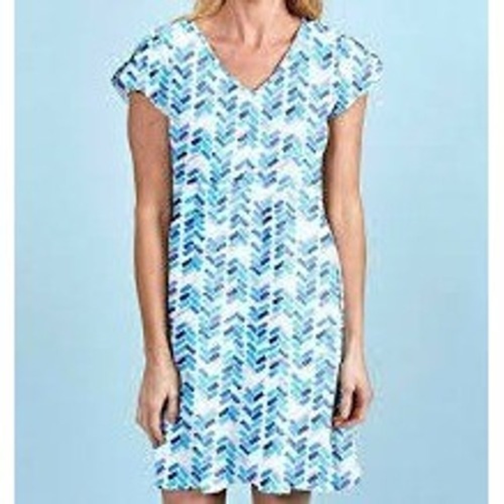 Fresh Produce Womens Geometric Dress Size XL Blue V-Neck Coastal Beachy Coastal